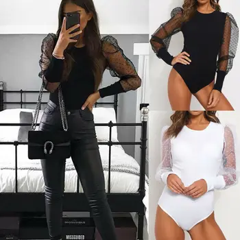 

Fashion Women Puff Sleeve Polka Dot Jumpsuit Bodysuit Casual Stretch Leotard Top Sexy Long Sleeve Party Bodysuits