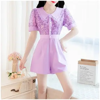 

Elegant purple Lady Summer Playsuit Women 2020 Fashion Sweet Short Sleeve Sequined Mesh Patchwork Short Rompers Womens Jumpsuits