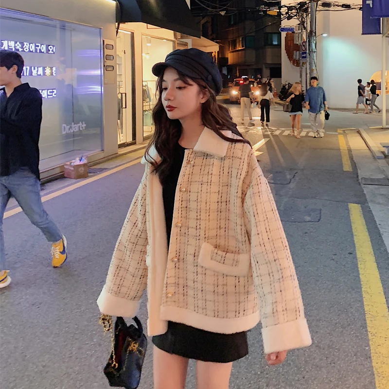 

lambswool spliced Thicken plaid jacket winter white black lapel streetwear casual Loose warm Ladies coat korean