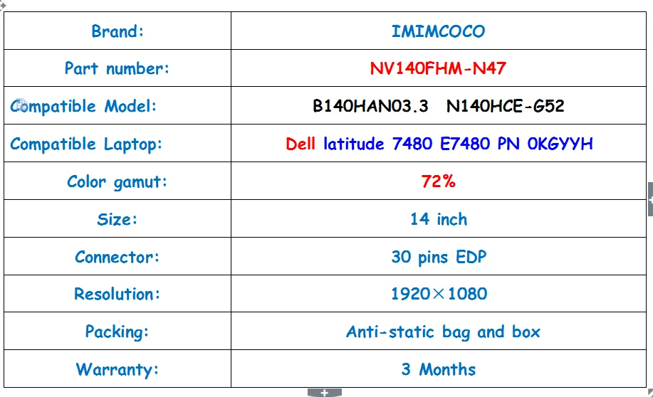 72% цветной FHD ips экран ноутбука NV140FHM-N47 FIT B140HAN03.3 N140HCE-G52 специальная печатная плата для DELL широта 7480 E7480 P/N OKGYYH