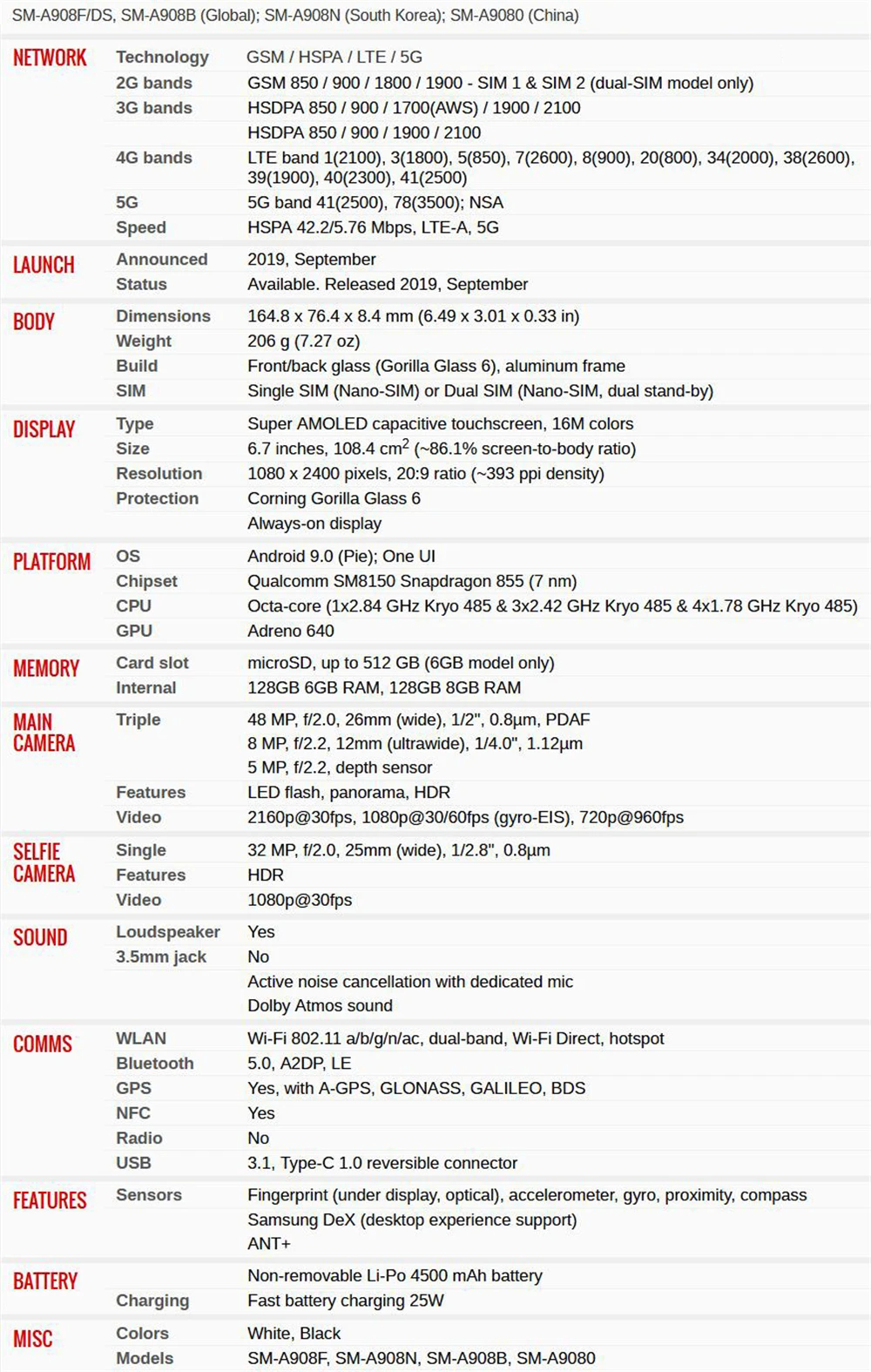 Samsung Galaxy A90, 5G, A9080, мобильный телефон, две sim-карты, четыре ядра, 6,7 дюймов, тройная камера, 8 Гб ram, 128 ГБ rom, NFC, 4500 мА/ч, NFC