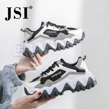 JSI Spring New Women's Sneakers Round Toe Lace Up Color Block Flats Fashionable Breathable Mesh Thick Platform Casual Shoes JY20