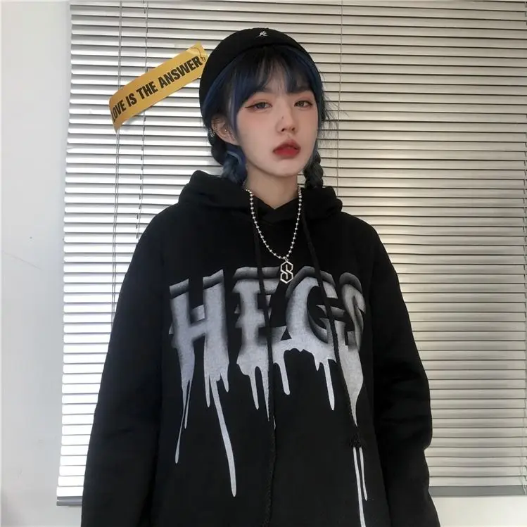 

Street Harajuku autumn winter new dark letter printed Hooded Sweatshirt thickened loose hooded Pullover