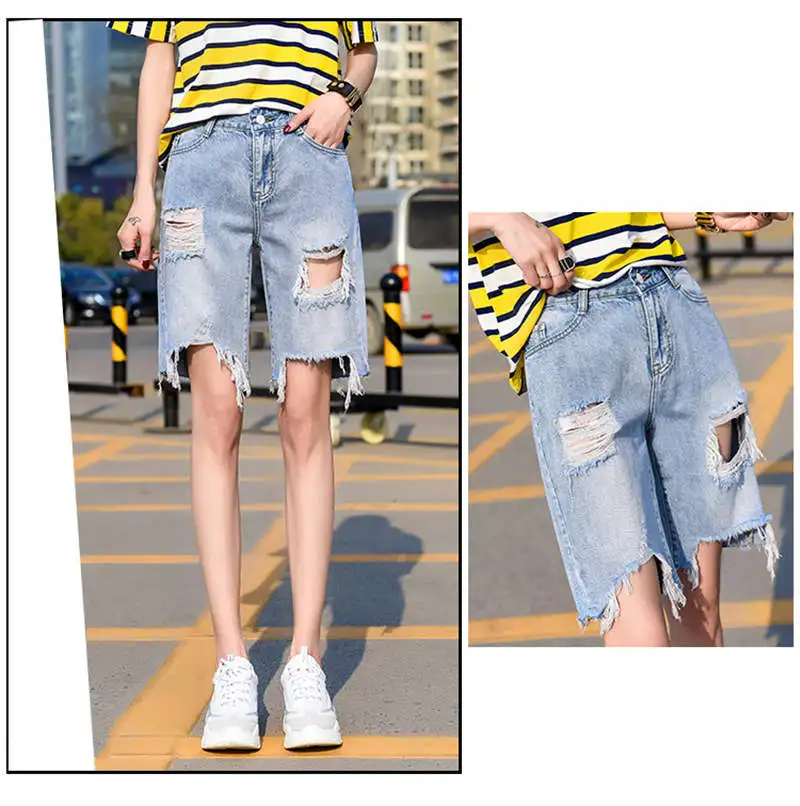 Vintage Streetwear Short Hole Ripped Jeans For Women Capris Boyfriend Jeans Denim Midi Straight Pants Casual Lady Jeans C5539