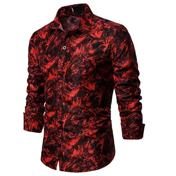 

Men's Hipster Red Pattern Print Dress Shirt Tuxedo Shirts Chemise Homme 2019 Brand New Slim Fit Casual Men Shirt Business Shirts