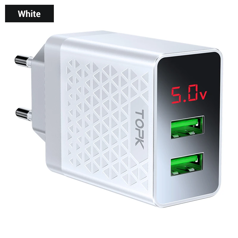 TOPK USB зарядное устройство 2 порта светодиодный цифровой дисплей смарт-зарядное устройство для мобильного телефона для iPhone samsung Xiaomi huawei настенный адаптер для путешествий - Тип штекера: White
