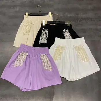 

Shorts Women 2020 Summer New Pearl Beaded Elastic Waist Wide Leg Cotton and Linen Shorts Fashion Short Pantalon Corto Mujer