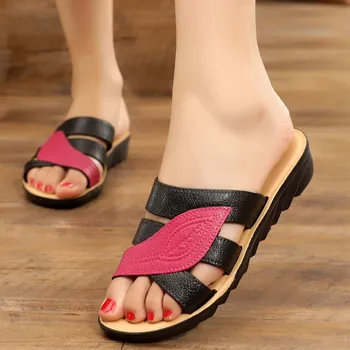 

EOEODOIT Flat Heel Leather Slippers Women Summer Casual Cozy Heel Open Toe Sandals Mother Shoes Soft Slides Drags House Outside