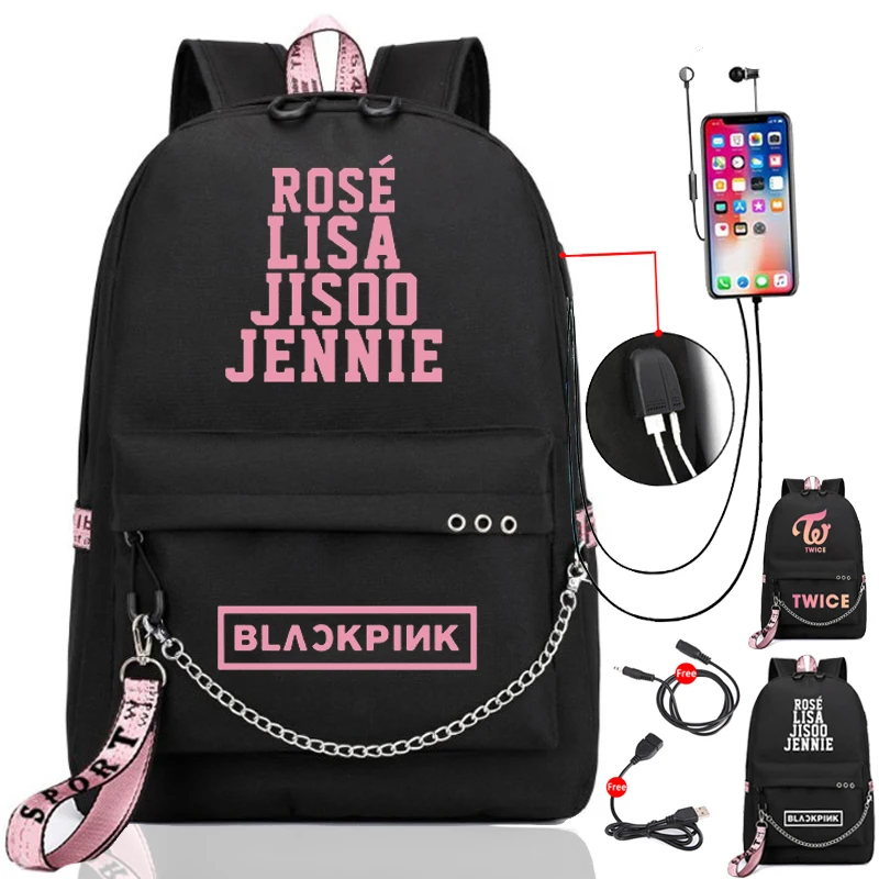 Kpop Черный розовый рюкзак для женщин Harajuku сумка для студентов школьные сумки для подростков девочек мальчиков большой нейлоновый рюкзак с цепочкой USB рюкзак