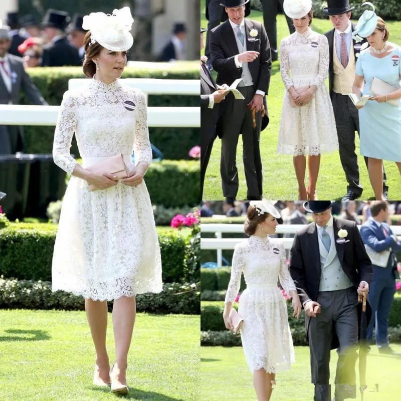 

Kate Middleton Sexy Mother of the Bride Dresses With Long Sleeves Lace Formal Gowns High Neck Knee Length Mothers Dress 2019