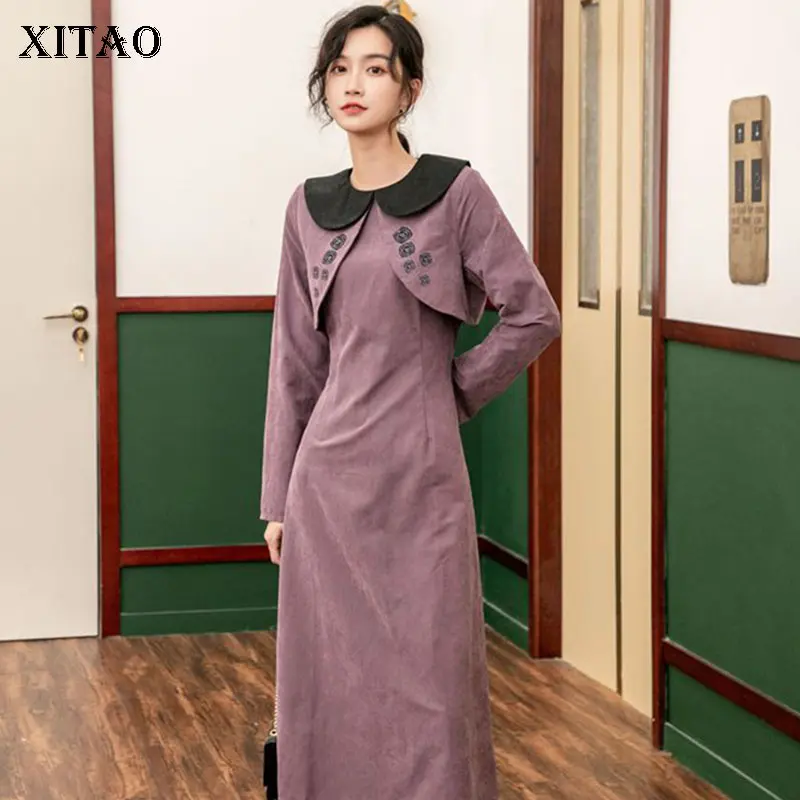 XITAO, винтажное плиссированное платье с талией, женская мода, новинка, вышивка, длинный рукав, Элегантное повседневное Свободное платье с высокой талией, GCC2991