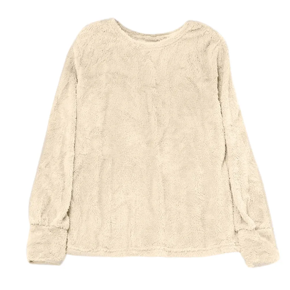 JAYCOSIN Fashion Women Artificial Wool Plush Sweatshirt Casual Simple Long Sleeve Solid Color Comfortable Pullover Blouse Top