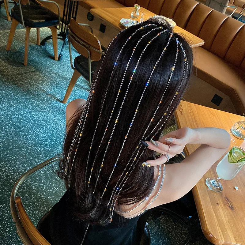 FYUAN Shine Full Rhinestone Headband for Women Long Tassel Crystal HairClip Wedding Party Hair Accessories Jewelry