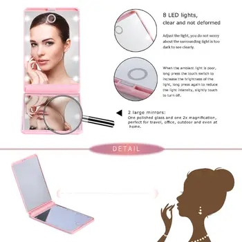 

Portable Folding Adjustable Brightness 8 LED Lighted 1X 2X Magnification Travel Mirror with Battery for Cosmetic Makeup