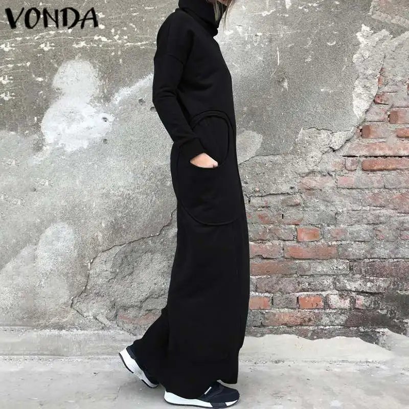 Goedkoop Winter Herfst Vrouwen Jurk Zakken Schildpad Kraag Lange Mouw Sweatshirt Maxi Jurk Vonda 2019 Casual Losse Plus Size Vestidos