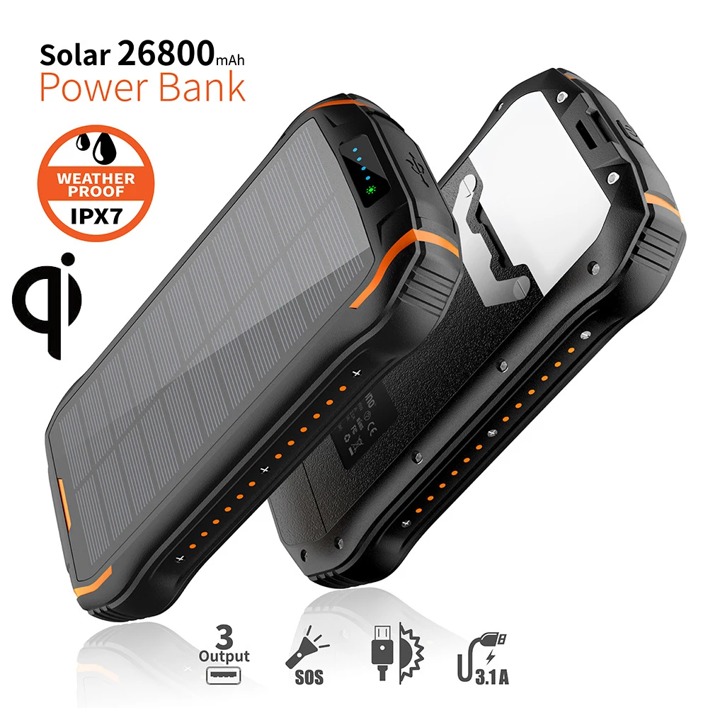 26800mAh Solar Power Bank 10W Fast Qi Wireless Charger For iPhone 12 Xiaomi Samsung Fast Charging Powerbank USB Type C Poverbank charmast