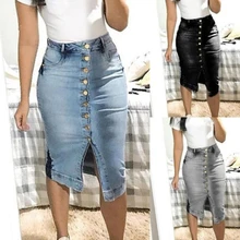 

High Waist Women Denim Skirts Buttons Jeans Skirts Short Pockets Street Style Midi Pencil Skirt Female Knee Length