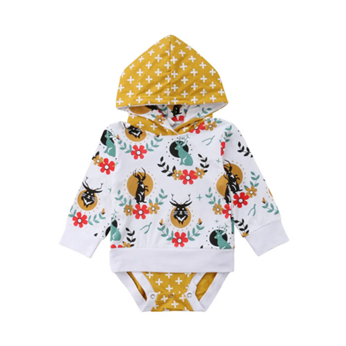 

Newborn Kids Baby Boy Girl Clothes Cotton Long Sleeve O-neck Hooded Bodysuit Deer Floral Jumpsuit Baby Clothes Outfit 0-24M