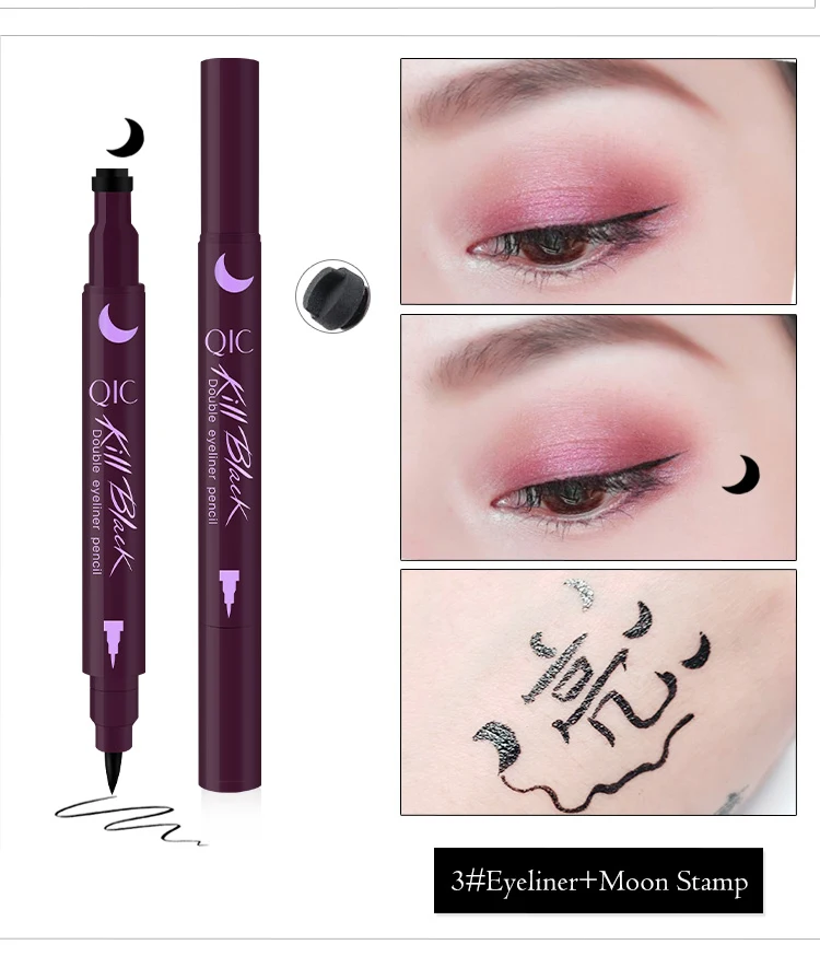 QIC Double-head Stamp Eyeliner Black Liquid Eyeliner Waterproof Tattoo Pen Makeup Tools 4 Styles of Stamp Star/Moon/Titoni/Heart - Цвет: Moon