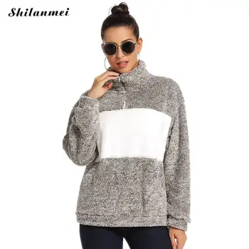 

Winter Warm Fleece Fur Hoodies Sweatshirts Long Sleeves Turtleneck Pullover Women's Fashion Patchwork Fluffy Ladies Hoodies Tops