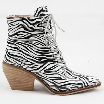 

US4-11 Womens Pointed Toe Zebra Pattern Mixed Colors Wedge Chunky High Heel Ankle Boots Western Chelsea Shoes Pull on Plus Sz