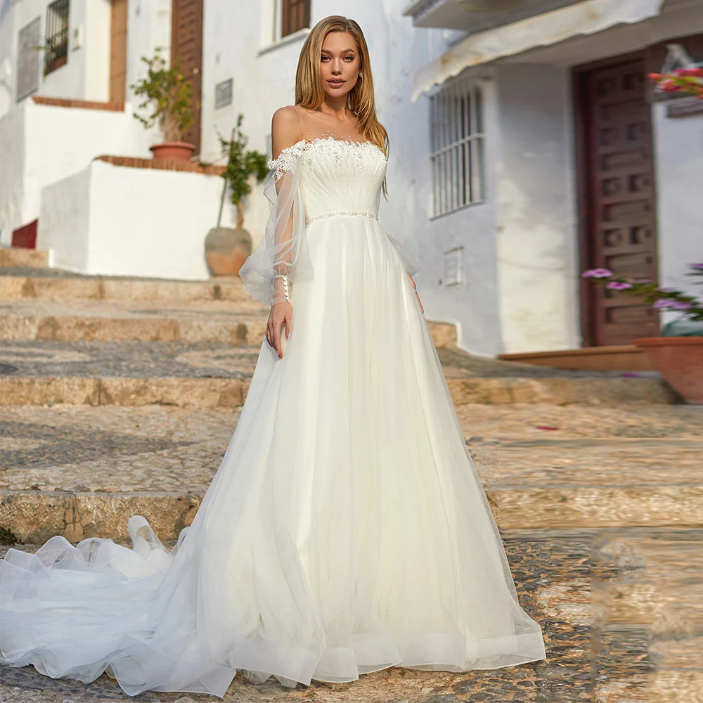 

Charming Illusion Scoop Neck A-line Wedding Dress Off-the-shoulder and Long Sleeve Applique Bridal Gowns with Beading Belt