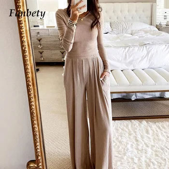 

Autumn Knitted Rib Two-Piece Sets Women 2020 Elegant O-Neck Long Sleeves Tops&Long Pants Ladies Casual Solid Color Leisure Suit