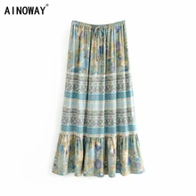 Винтажная шикарная модная женская пляжная богемная юбка с цветочным принтом и оборками, высокая эластичная талия, макси трапециевидная плиссированная юбка в стиле бохо для женщин