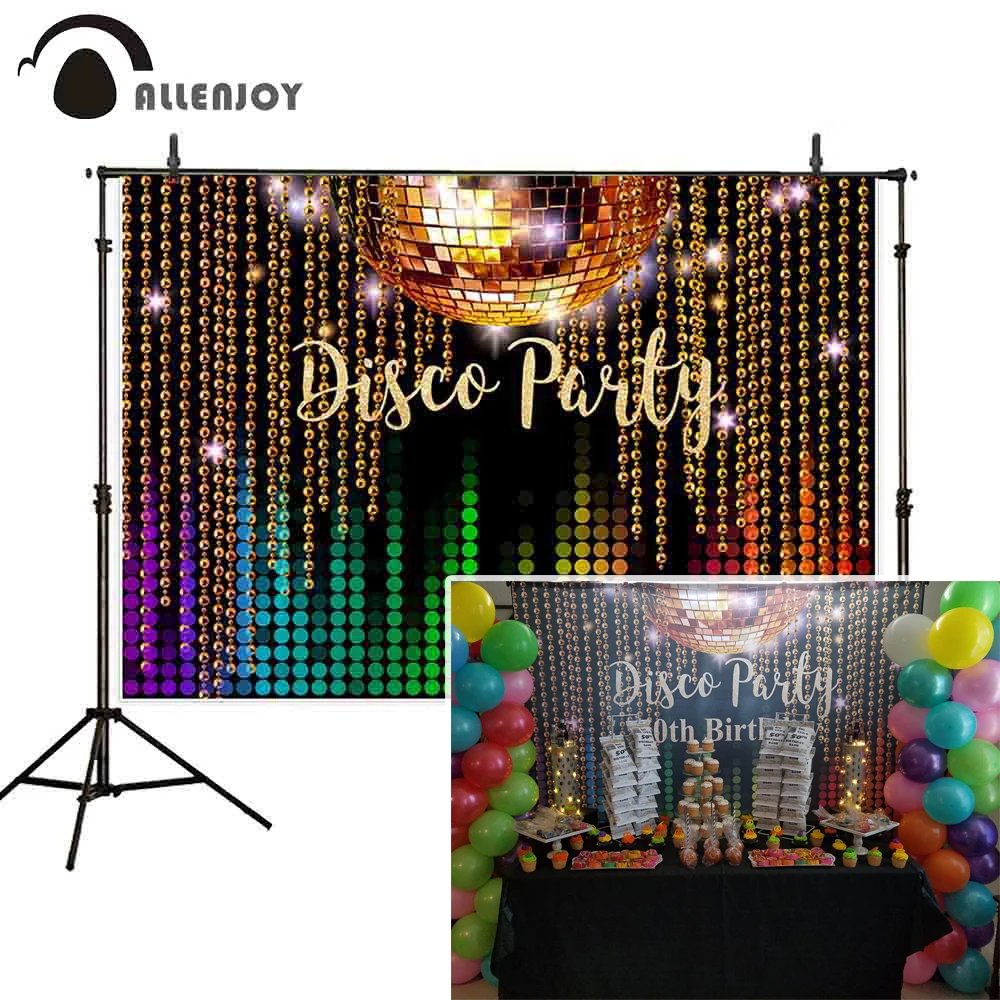 

Allenjoy Disco Party Photocall Retro Sparkly Ball Neon Bead Curtain Backdrops Glitter Bokeh Eighties Brithday Stage Background