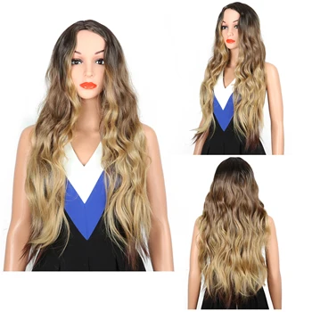 

SHUOHAN 70cm Synthetic Wavy Ombre Wig For Women Brown Golden Heat Resistant High Temperature Fiber Long Middle Part SX8805