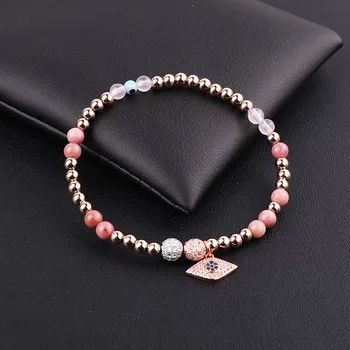 New Design High Quality  Stainless Steel Beads Natural Stone CZ Evil Eyes Charm Elastic Bracelet For Women