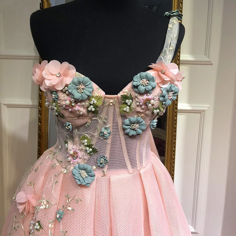 robe soiree Pink Muslim Evening Dresses 2020 A-line One-shoulder Tulle Pearls Islamic Dubai Saudi Arabic Long Evening Gown (1)