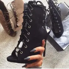 Лидер продаж; Босоножки на каблуке с открытым носком на шнуровке; женские черные замшевые Полусапоги длиной по щиколотку; женские ботинки на высоком каблуке; короткие ботинки; 46