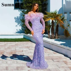 Sumnus Glitter Sequined Prom Dresses Bling Bling Feather Off Shoulder Long Sleeve Evening Gowns Illusion Formal Dress Custom
