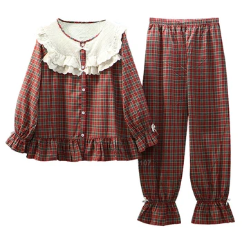 

Mori Girl Pajamas Set Ruffle Peter Pan Collar Medieval Women Top Trousers Renaissance Plaid Flare Sleeve American Nighgown PJs