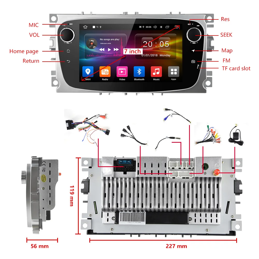 Podofo 2 Din Android 9.0 Auto Multimedia-Player Autoradio 7 ''Auto Radio GPS 2G RAM Für Ford Focus