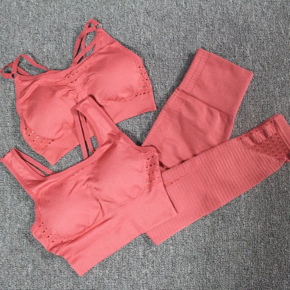 

3pcs Women Seamless Yoga set Gym Fitness Clothing Sport wear Padded Push-up Strappy Sports Bra + High Waist Leggings Sport Suit
