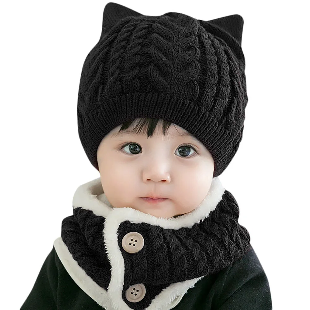 TELOTUNY baby yoda, акриловые вязаные детские шапки для маленьких мальчиков и девочек, вязаная детская милая мягкая шапка+ шарф, комплект из двух предметов - Цвет: Black