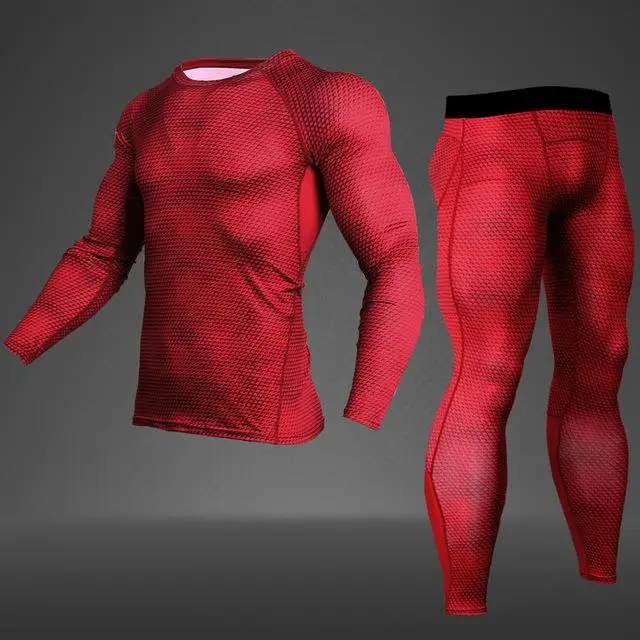 Red - suit 2 шт. фитнес компрессионный костюм Мужская футболка с длинными рукавами змея Джерси+ Фитнес Термобелье леггинсы - Цвет: Red - suit