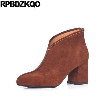 

booties brown chunky plus size ankle big suede sheepskin shoes brand women winter boots genuine leather 10 high heel fur fashion