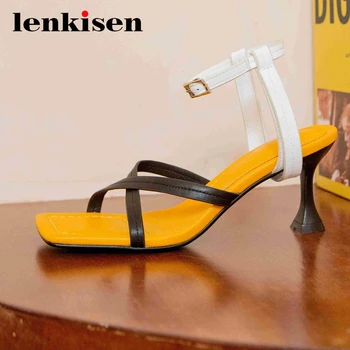 

Lenkisen new european style mixed colors high fashion square toe high strange heel women shoes buckle straps summer sandals L83