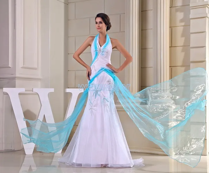 

free shipping 2017 new vestido noiva fashion halter lace up custommade size/color beding white and blue mermaid wedding dress