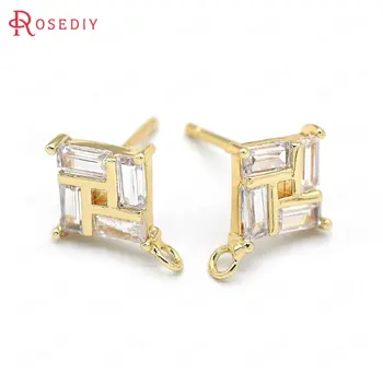 

(39404)4PCS 24K Gold Color Brass and Zircon Rhombus Stud Earrings Pins Earrings Jewelry Making Supplies Diy Findings Accessories