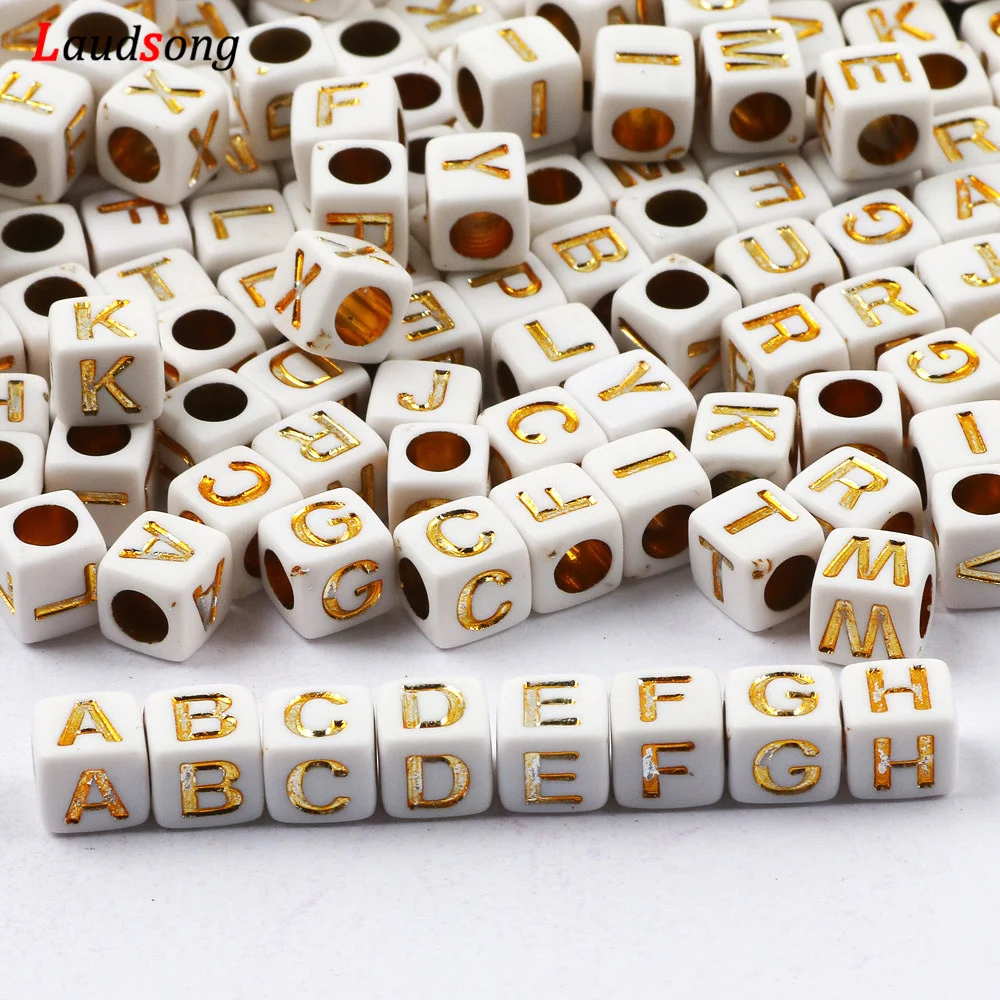 100pcs White Cube Acrylic Alphabet Bead Loose Spacer Gold Plated 26 letter  Beads For Jewelry Making Diy Children Bracelet 6X6MM - AliExpress