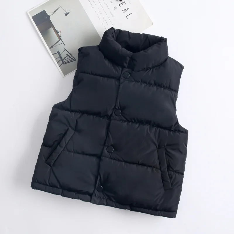 Короткий детский жилет, размер в году, новое осенне-зимнее пуховое пальто в Корейском стиле детская одежда со стоячим воротником для мужчин и женщин