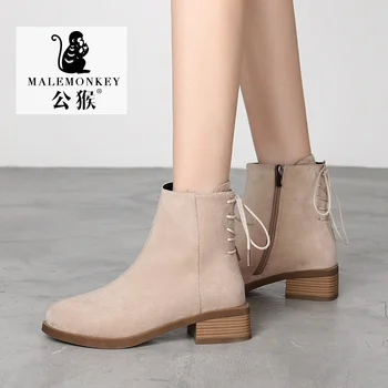 

2019 Autumn Women Boots Casual Shoes Ladies Designer Lacing Leather Flock Boots Nude Black Women Ankle Boots Female