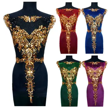 

1 Set Gold Sequin Lace Fabric Black Red Blue White Tassel Mesh Noble Embroidered Wedding Gown Applique Patch For Dress Decor DIY