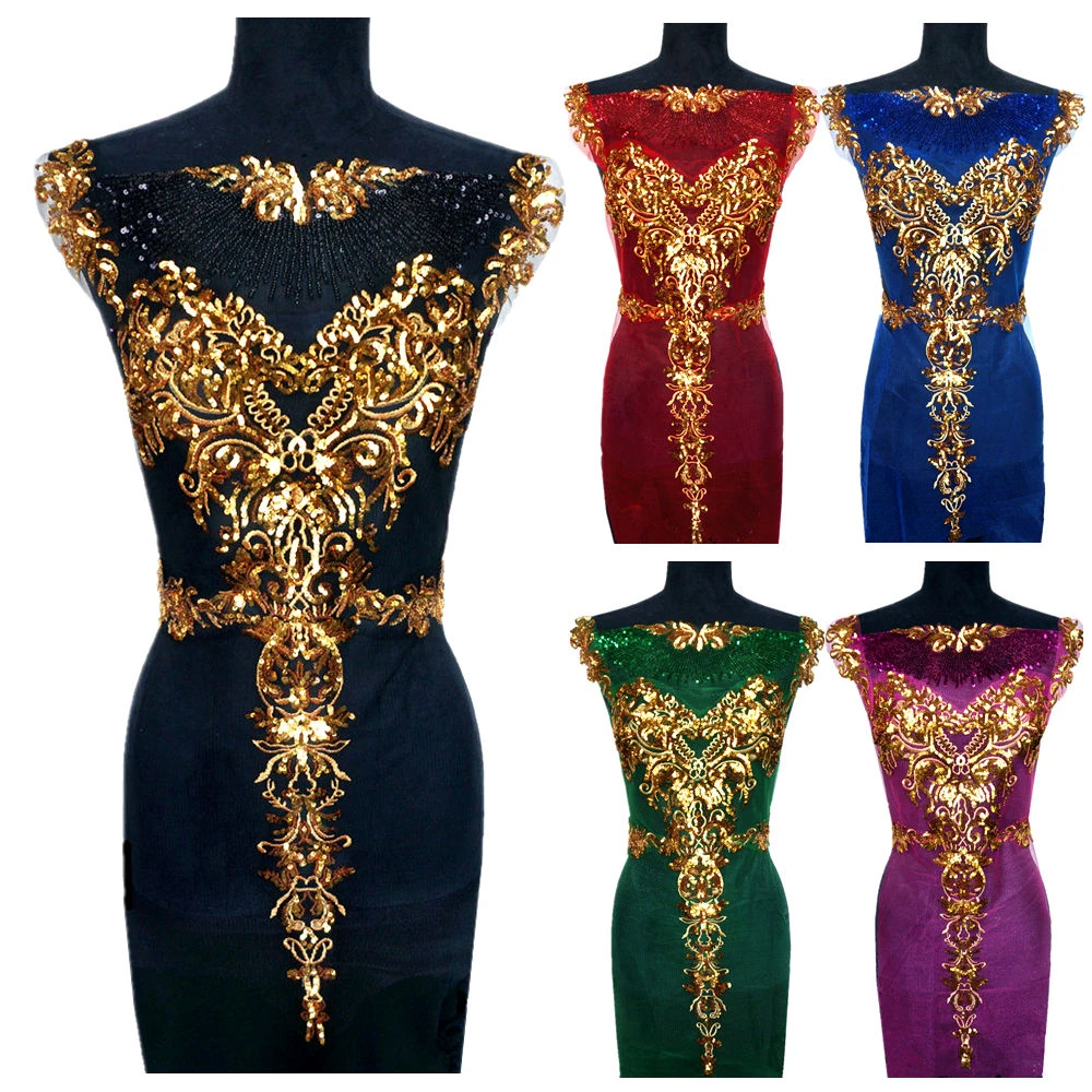 1 Set Gold Sequined Appliques Red Blue Black Mesh Epaulette Embroidery Lace Fabric Wedding Sew On Patch For Dress DIY Decoration