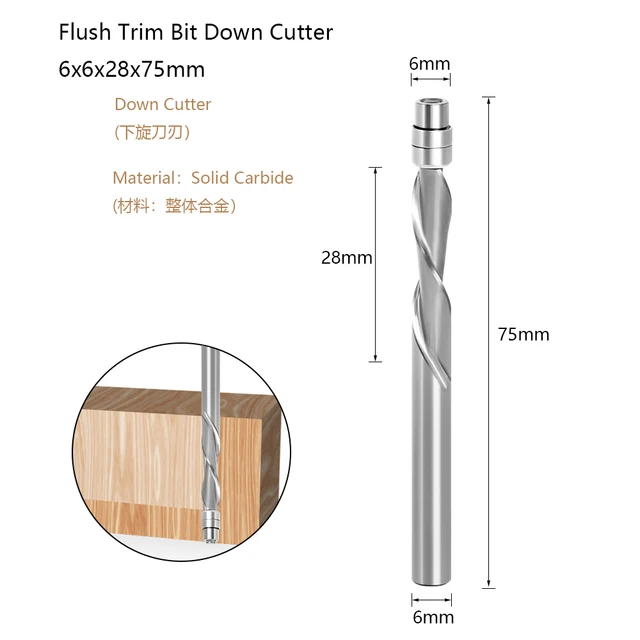 LA VIE 1 PC 6mm 6.35mm shank Solid Carbide Bearing Guided Two Flute Flush Trim Router Bits Woodworking milling cutters end mill 6mm shank down