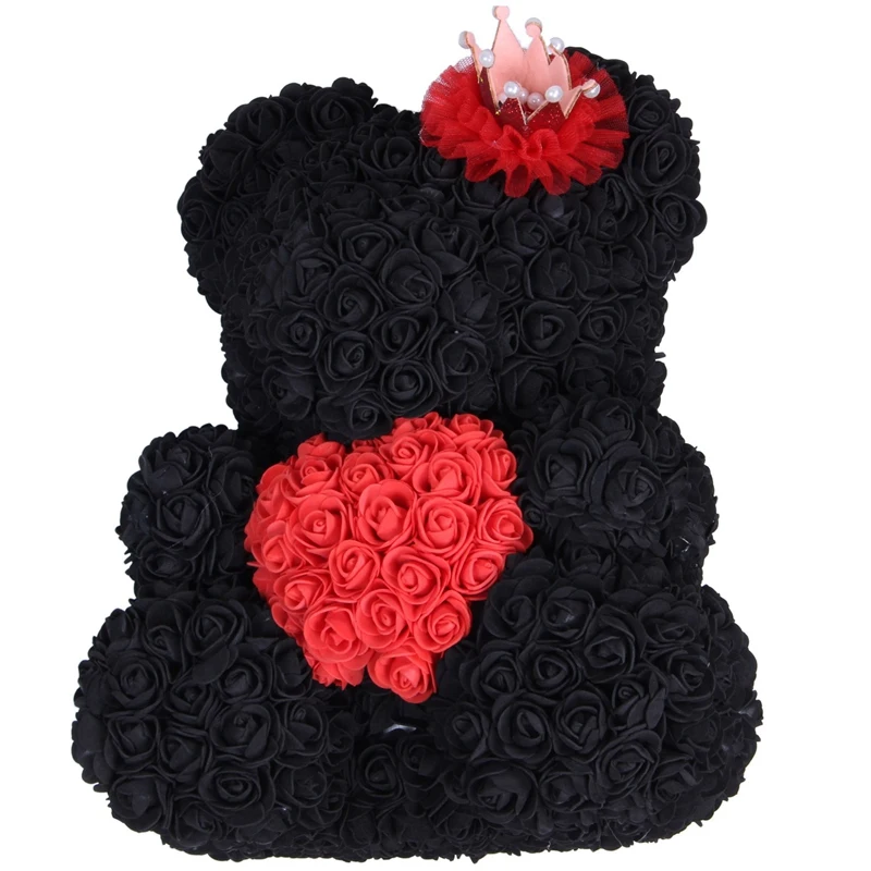 Black2 40Cm Teddy Bear With Crown In Gift Box Bear Of Roses Artificial Flower New Year Gifts For Women Valentines Gift - Цвет: Black2